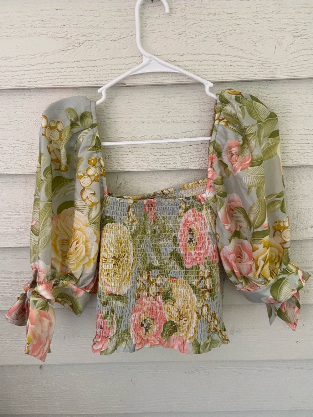 Express Floral Smocked Square-Neck Crop Top - Green/Pink/Yellow - Picture 4 of 4